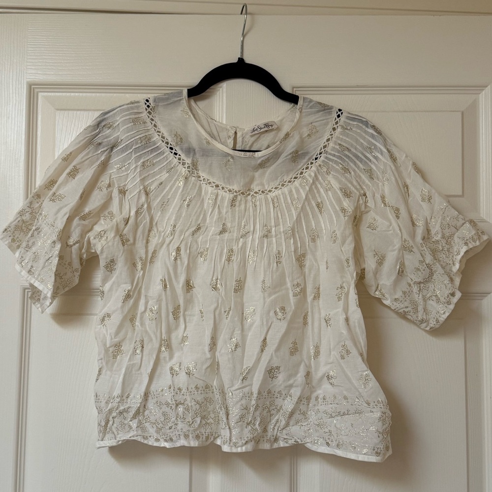 LoveShackFancy Cream Cotton Blockprint Short Sleeve Blouse